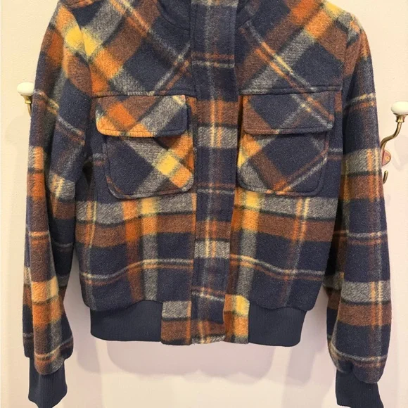 Marled Blue and Orange Plaid Bomber Jacket - Picture 6 of 7